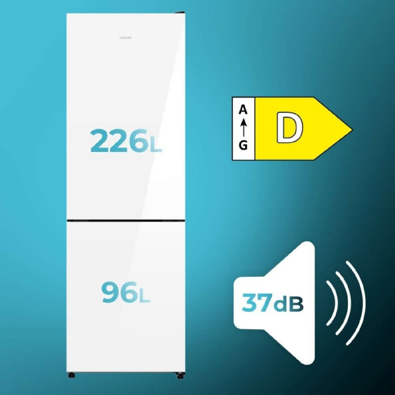 Frigorífico blanco con 226L y 96L de capacidad, clase energética D y 37dB de nivel de ruido sobre fondo azul.