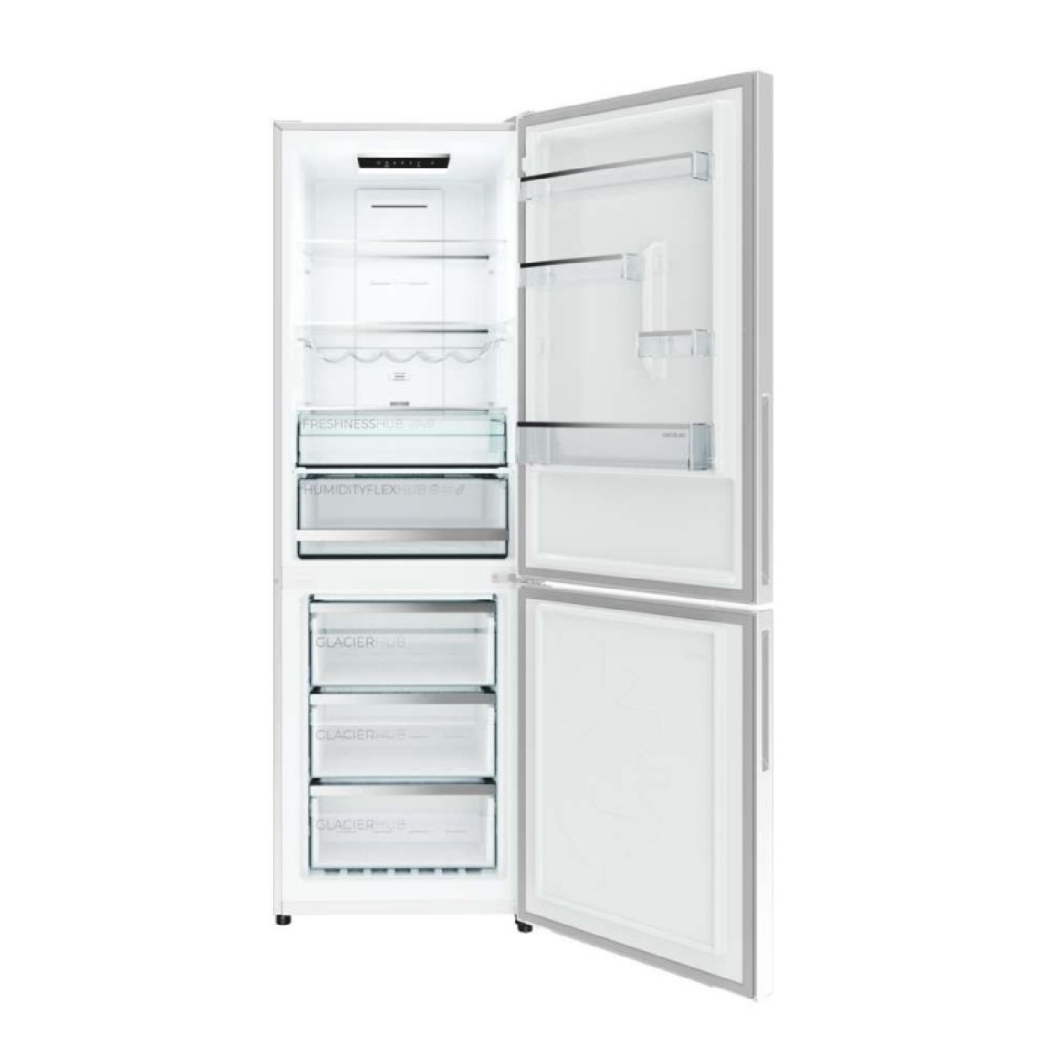 Frigorífico blanco con puertas abiertas, estantes de vidrio y cajones sobre fondo blanco.