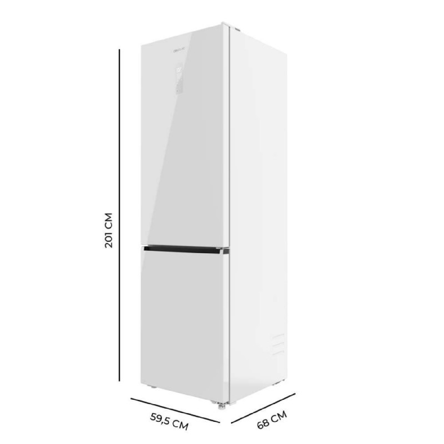 Frigorífico blanco con dimensiones de 201 cm de alto, 59.5 cm de ancho y 68 cm de fondo sobre fondo blanco.