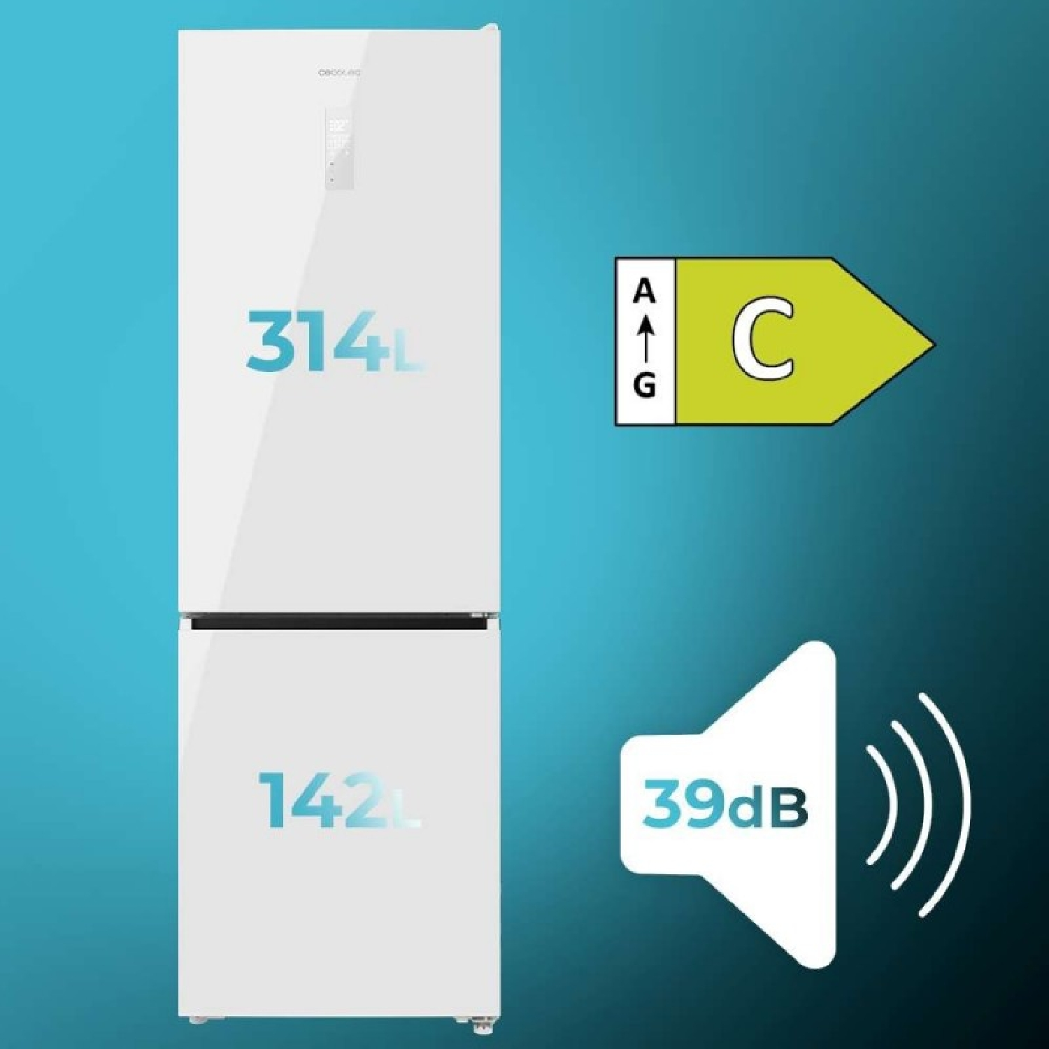 Frigorífico blanco con clase energética C y nivel de ruido de 39 dB sobre fondo azul.