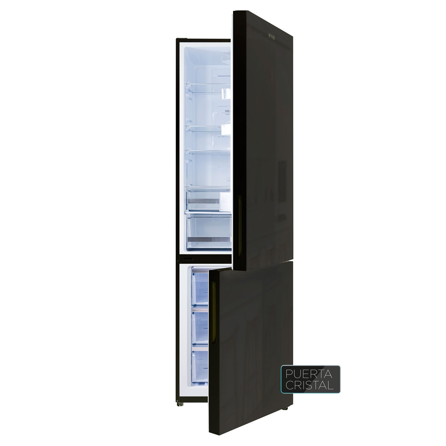 Un refrigerador negro moderno con puertas abiertas e interior iluminado.