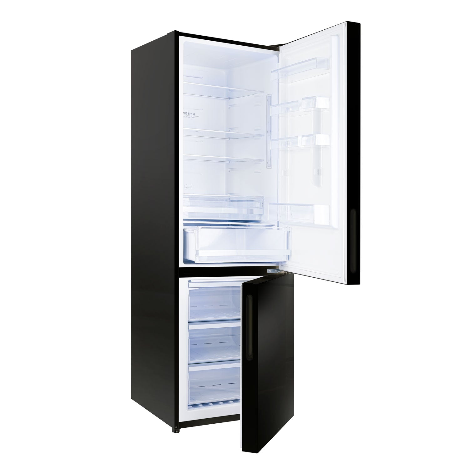 Un refrigerador negro abierto con congelador inferior y estantes vacíos en su interior.