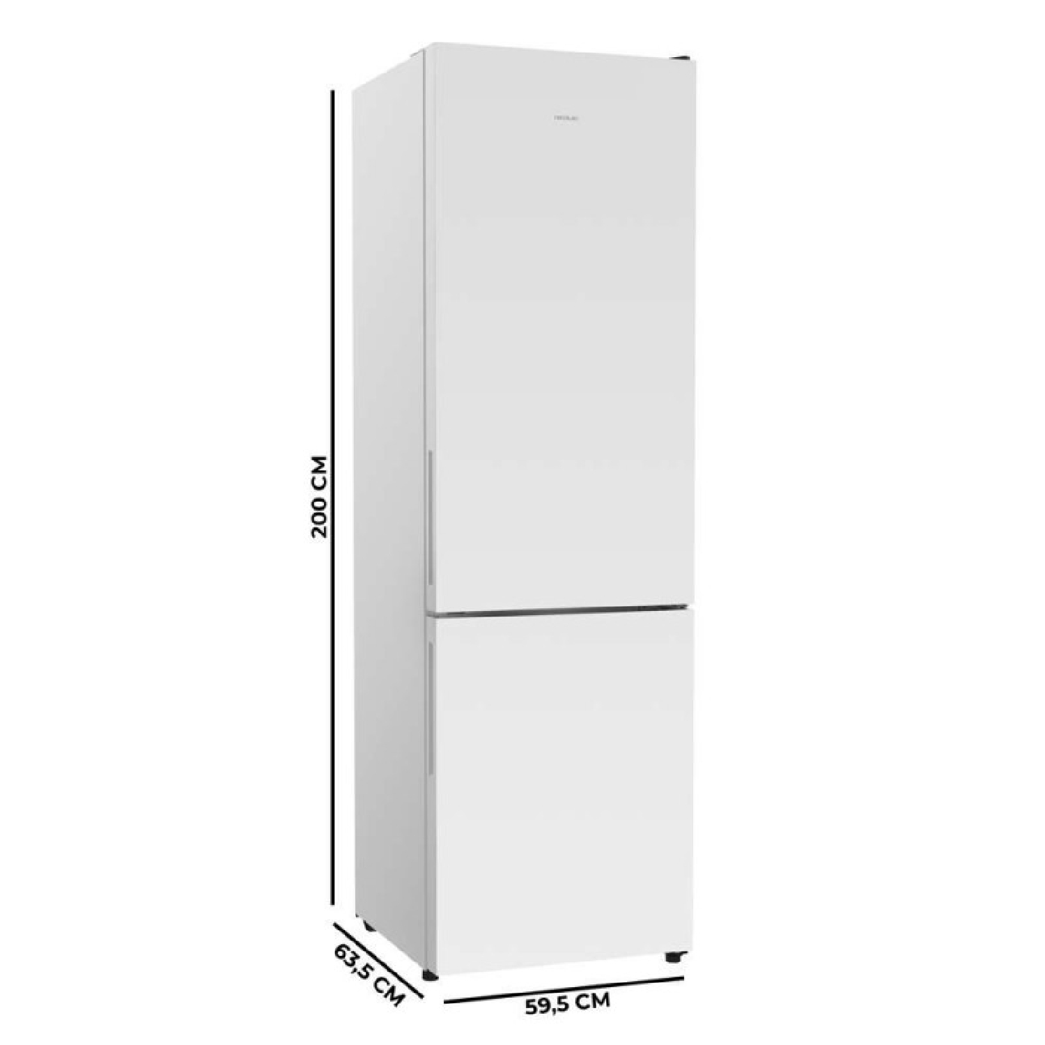 Frigorífico blanco independiente con dimensiones de 200 cm de alto, 59,5 cm de ancho y 63,5 cm de fondo.