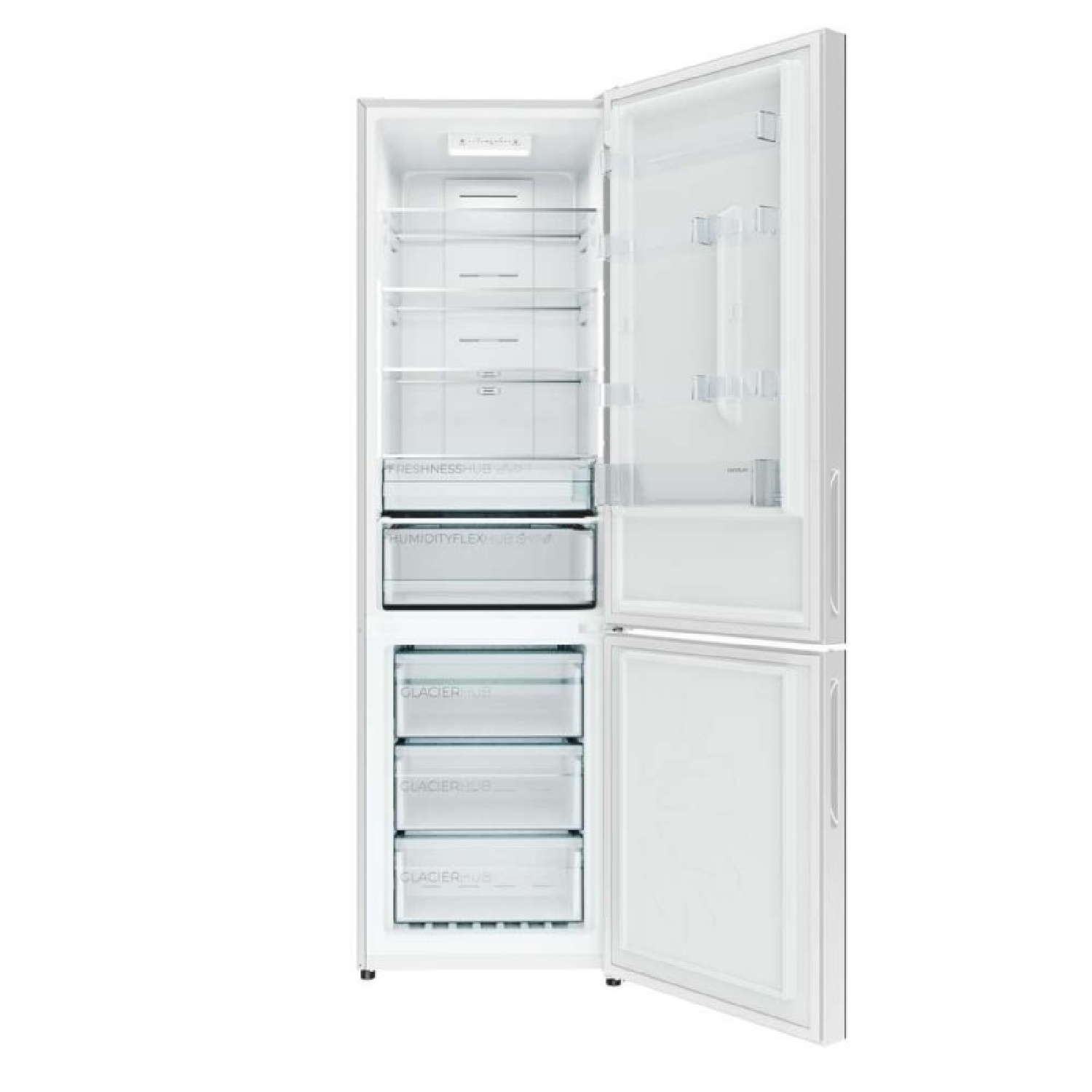 Un refrigerador blanco con puertas abiertas, mostrando estantes interiores, compartimentos y cajones.