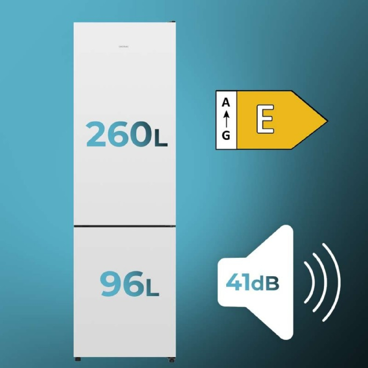 Frigorífico blanco con 260L de nevera, 96L de congelador, clase energética E y 41dB sobre fondo azul.