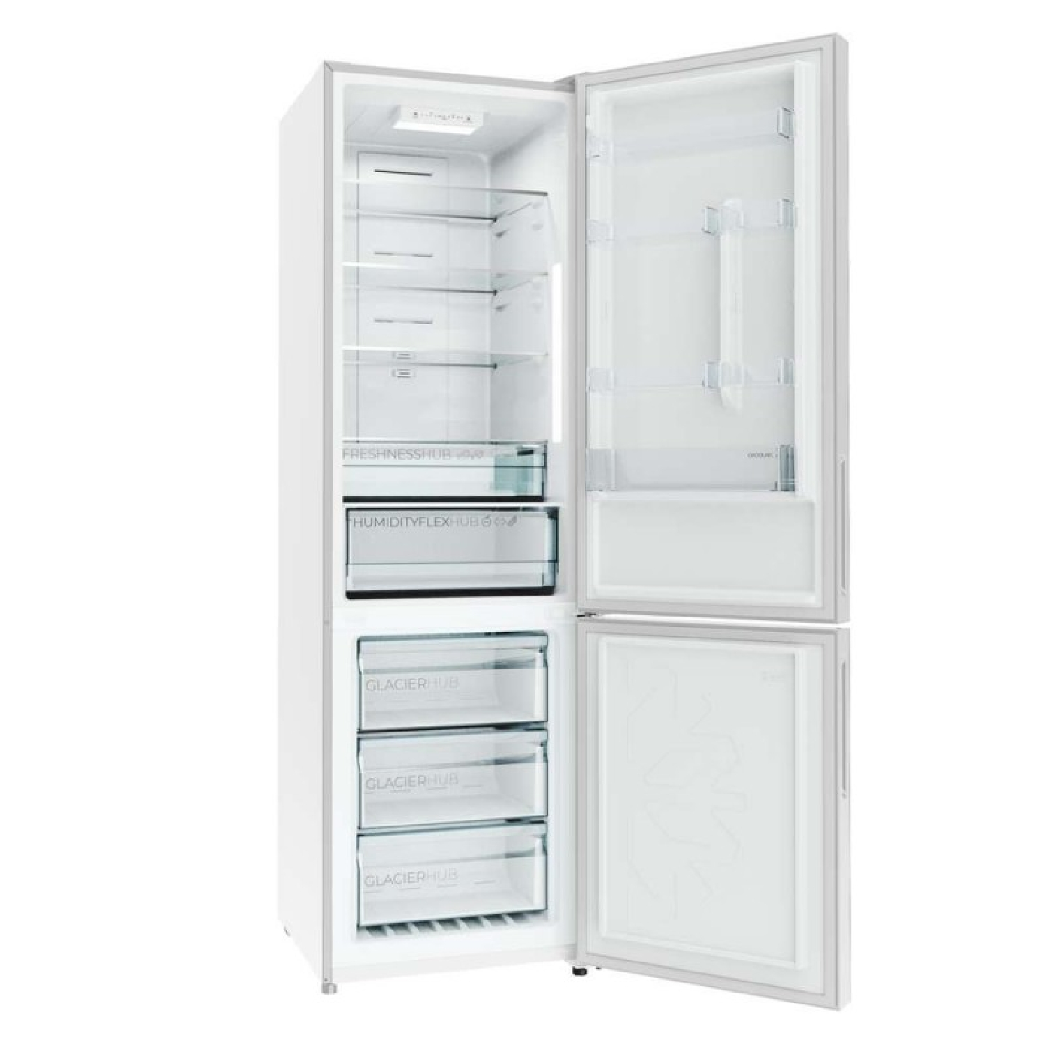 Un refrigerador blanco y abierto con múltiples estantes de vidrio y cajones sobre un fondo blanco.