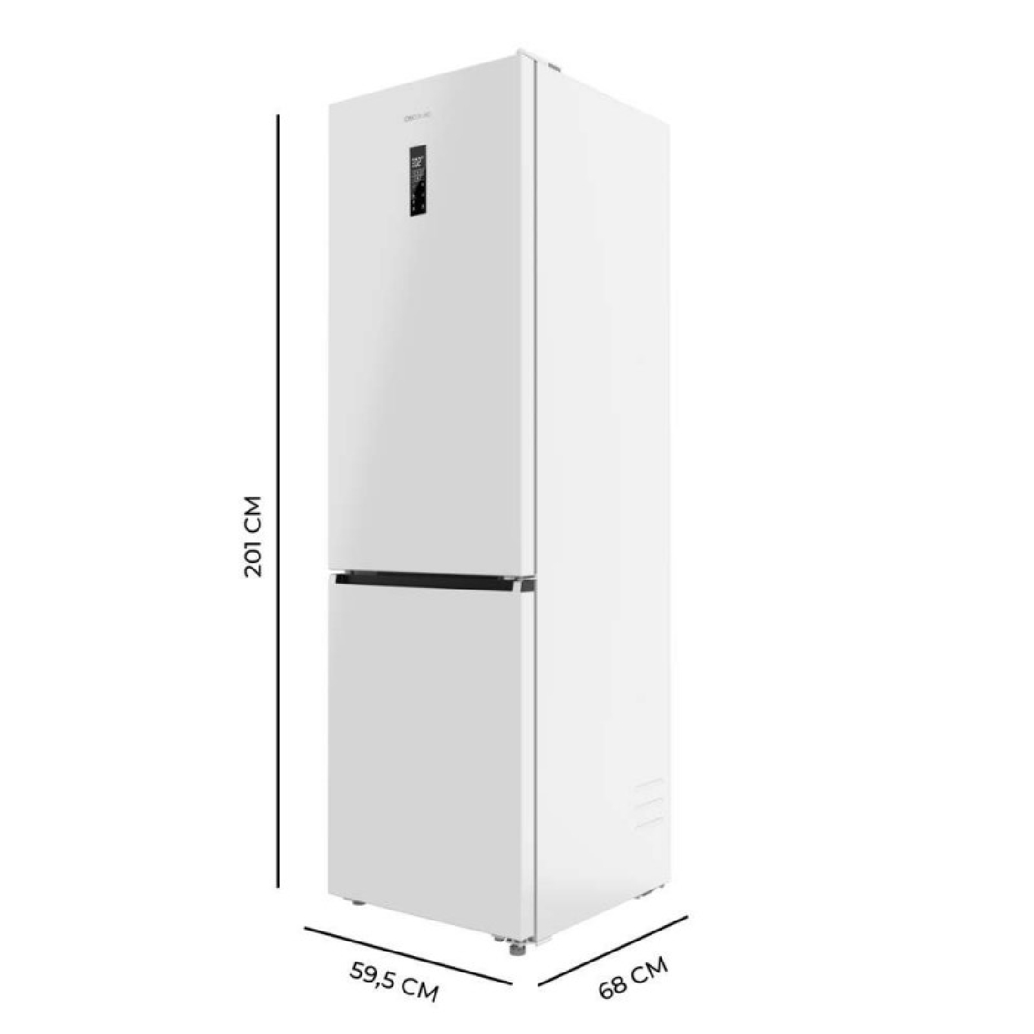 Frigorífico blanco con dimensiones: 201 cm de alto, 59,5 cm de ancho, 68 cm de fondo.