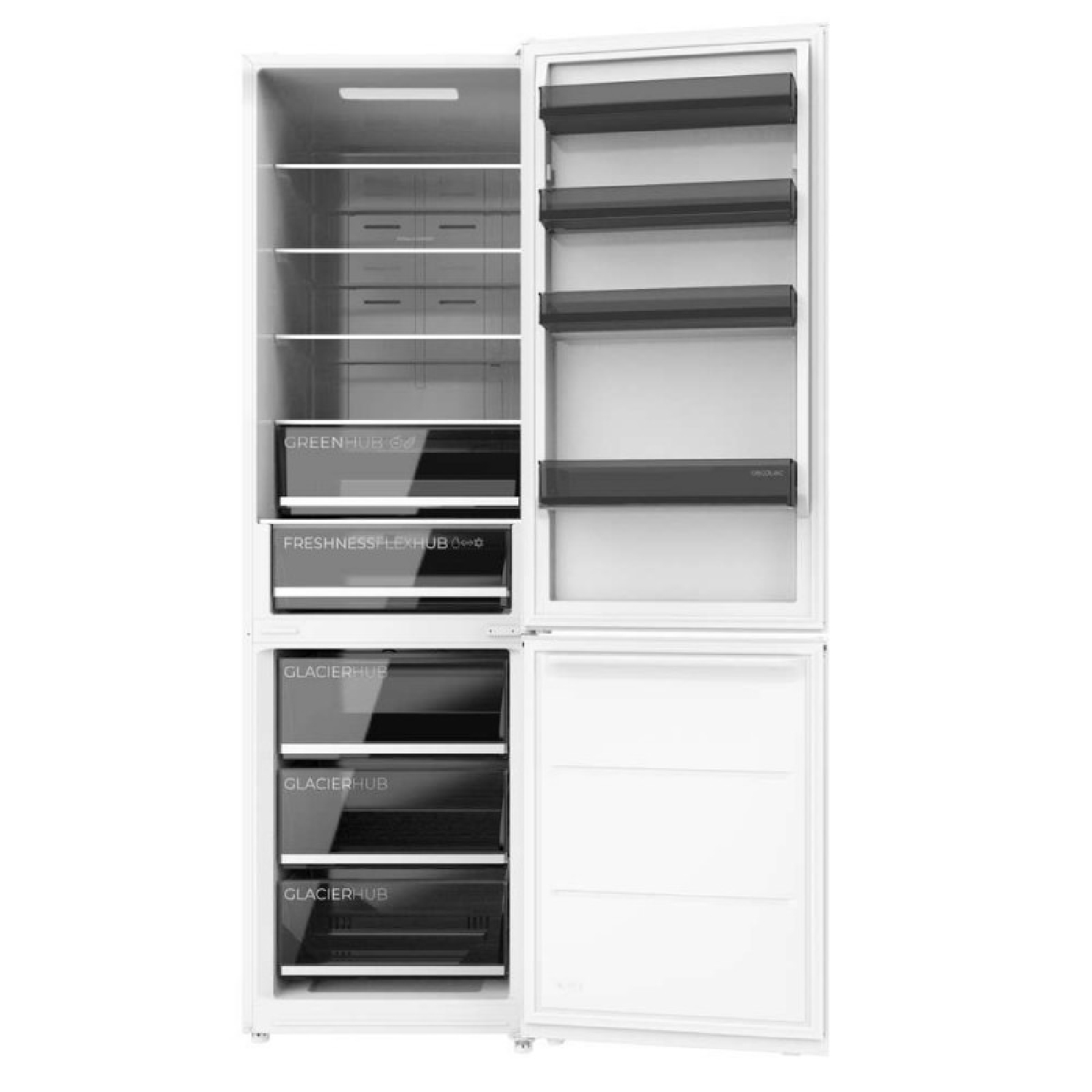 Un refrigerador blanco abierto con estantes de vidrio vacíos, cajones para verduras y compartimentos.