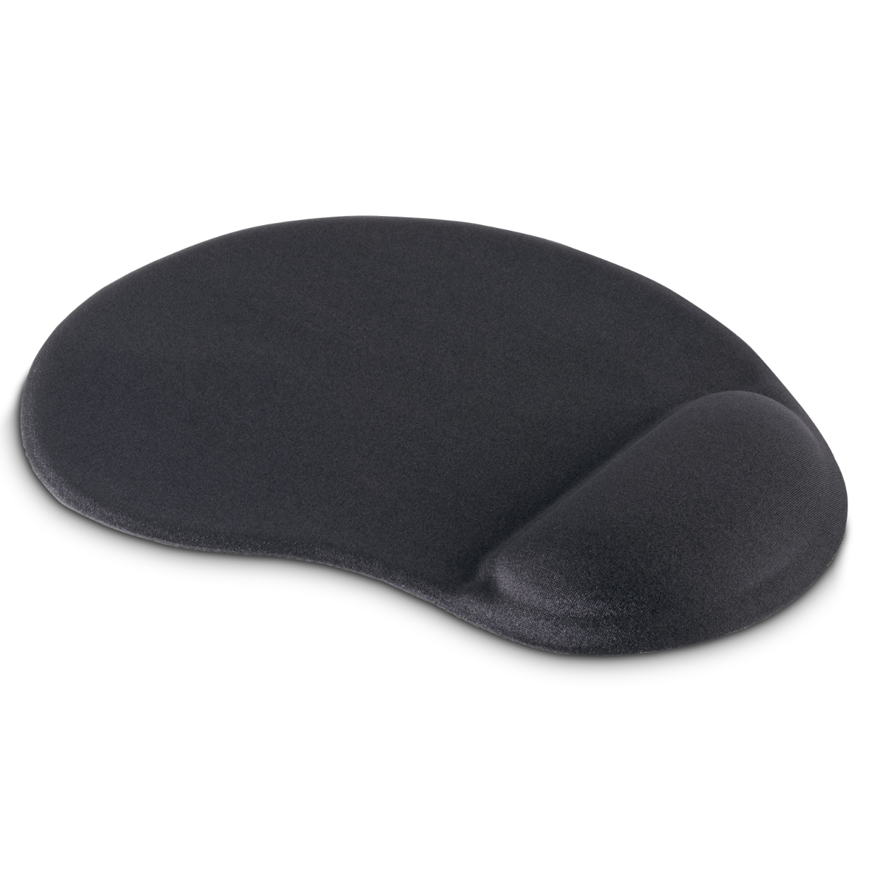 Ein schwarzes ergonomisches Mauspad mit integrierter Handballenauflage auf weißem Hintergrund.