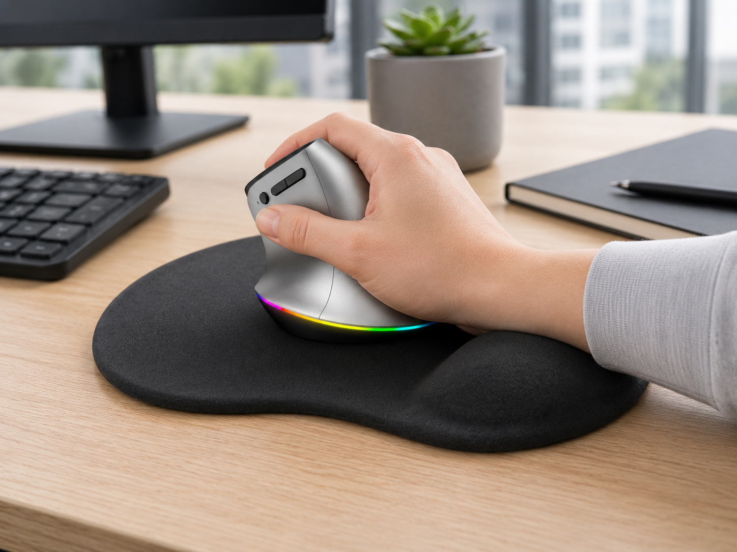 Eine Hand bedient eine silberne vertikale ergonomische Maus mit RGB-Beleuchtung auf einem schwarzen Mauspad.