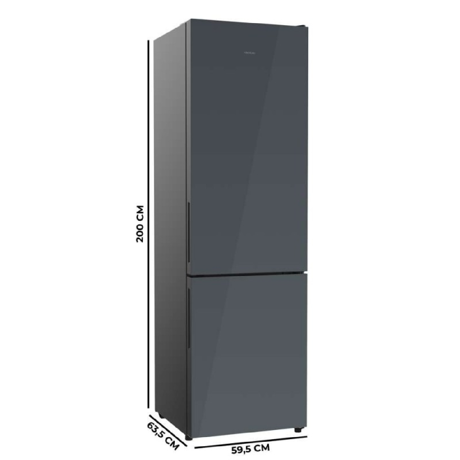 Frigorífico combi gris oscuro con dimensiones: 200 cm de alto, 59,5 cm de ancho, 63,5 cm de fondo.