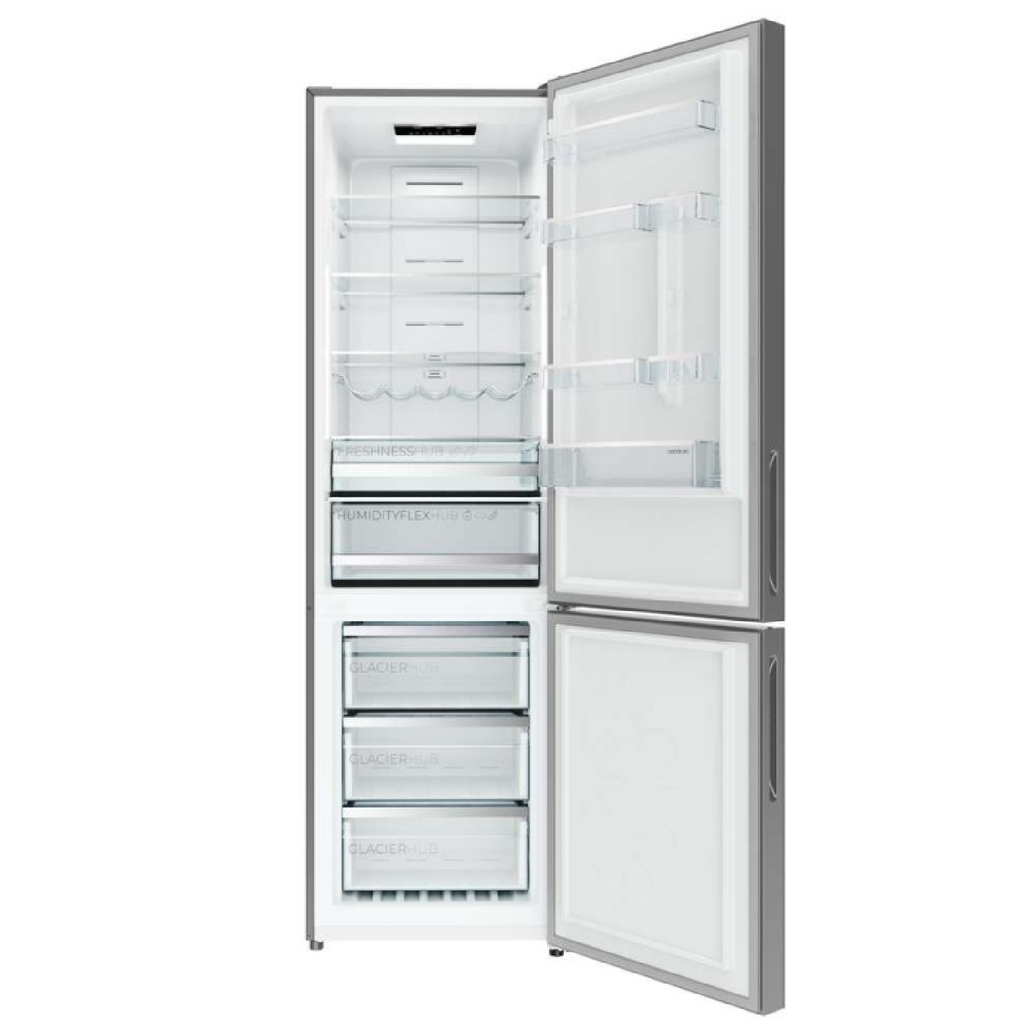 Frigorífico plateado con puertas abiertas que muestra estantes, compartimentos y cajones brillantes en su interior.