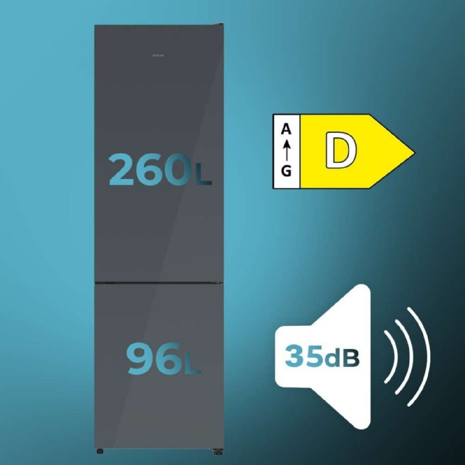 Un frigorífico gris con 260L y 96L de capacidad, clase energética D y 35dB de ruido sobre un fondo azul verdoso.