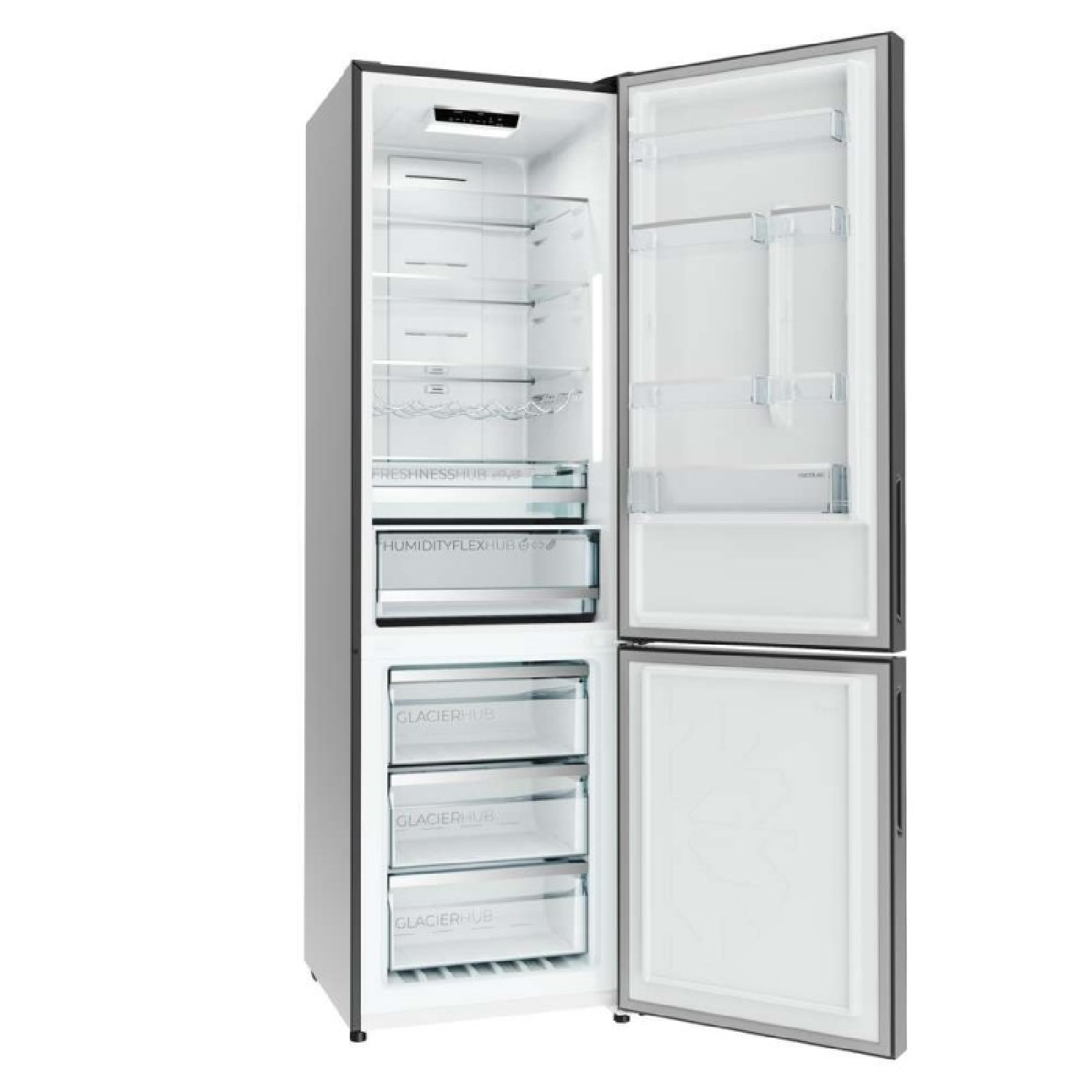 Frigorífico plateado con puertas abiertas que muestran estantes de vidrio iluminados y cajones.