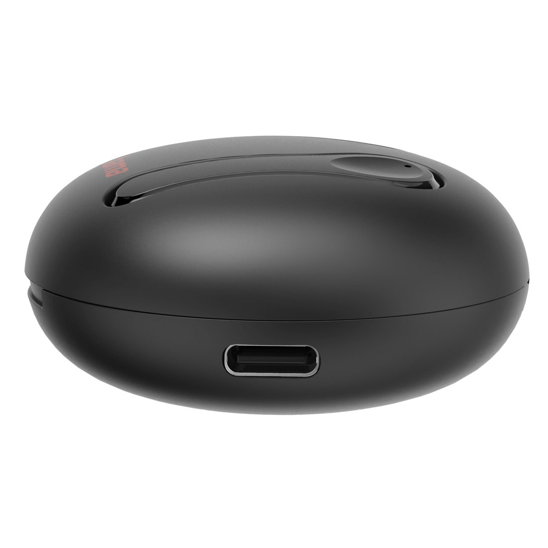 Owalne czarne etui ładujące z portem USB-C z przodu, na białym tle.