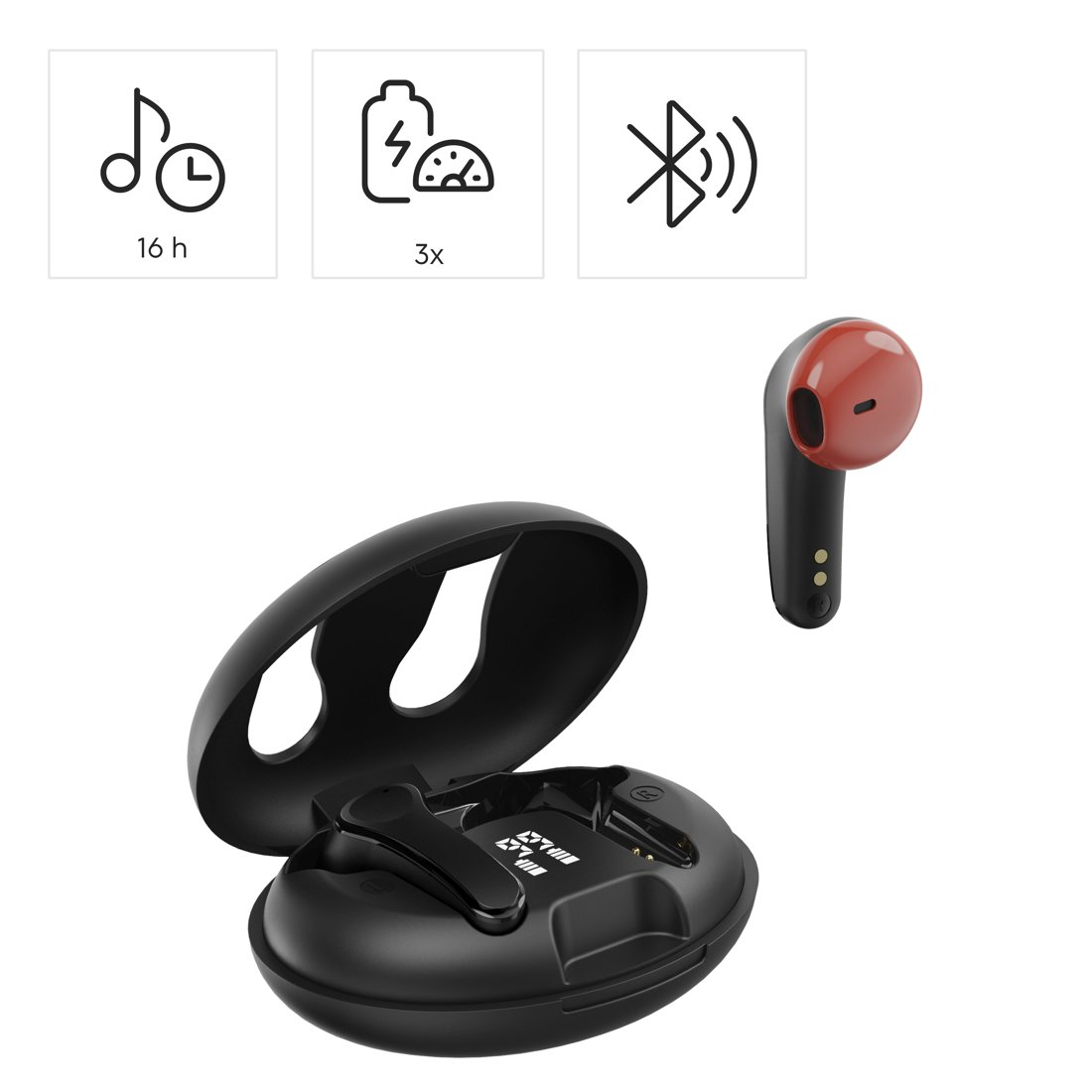 Czarne słuchawki bezprzewodowe z etui ładującym oraz ikonami baterii 16h, 3x ładowania i Bluetooth.