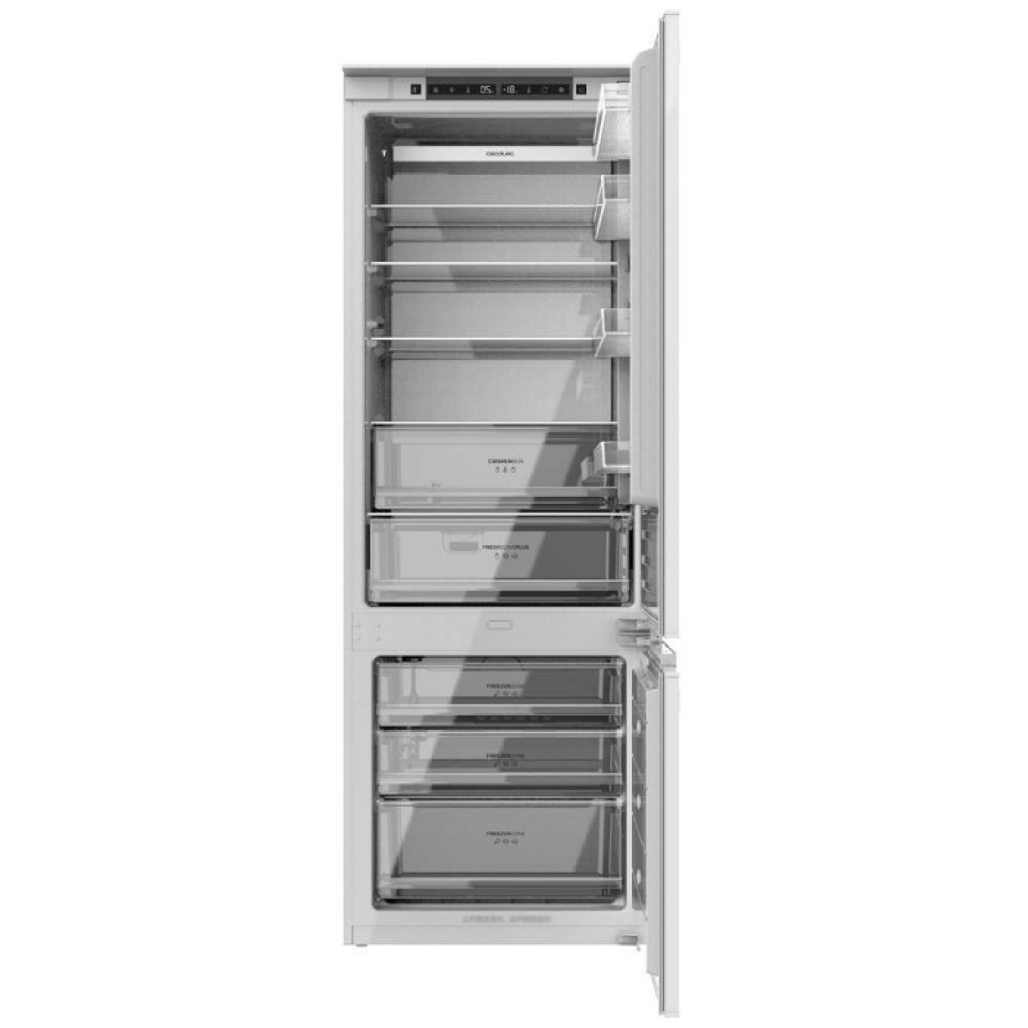 Un refrigerador empotrable blanco y abierto con estantes de vidrio y cajones sobre fondo blanco.