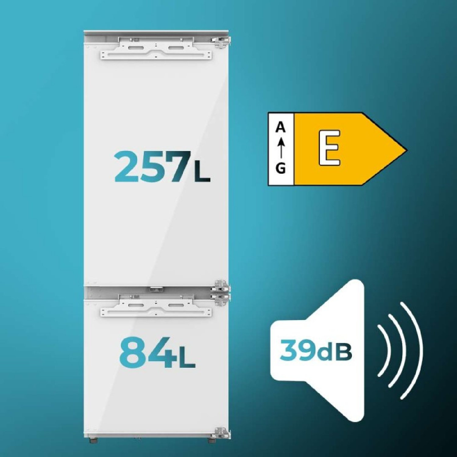 Frigorífico empotrable blanco de 257L y 84L, clase energética E y 39dB sobre fondo azul.