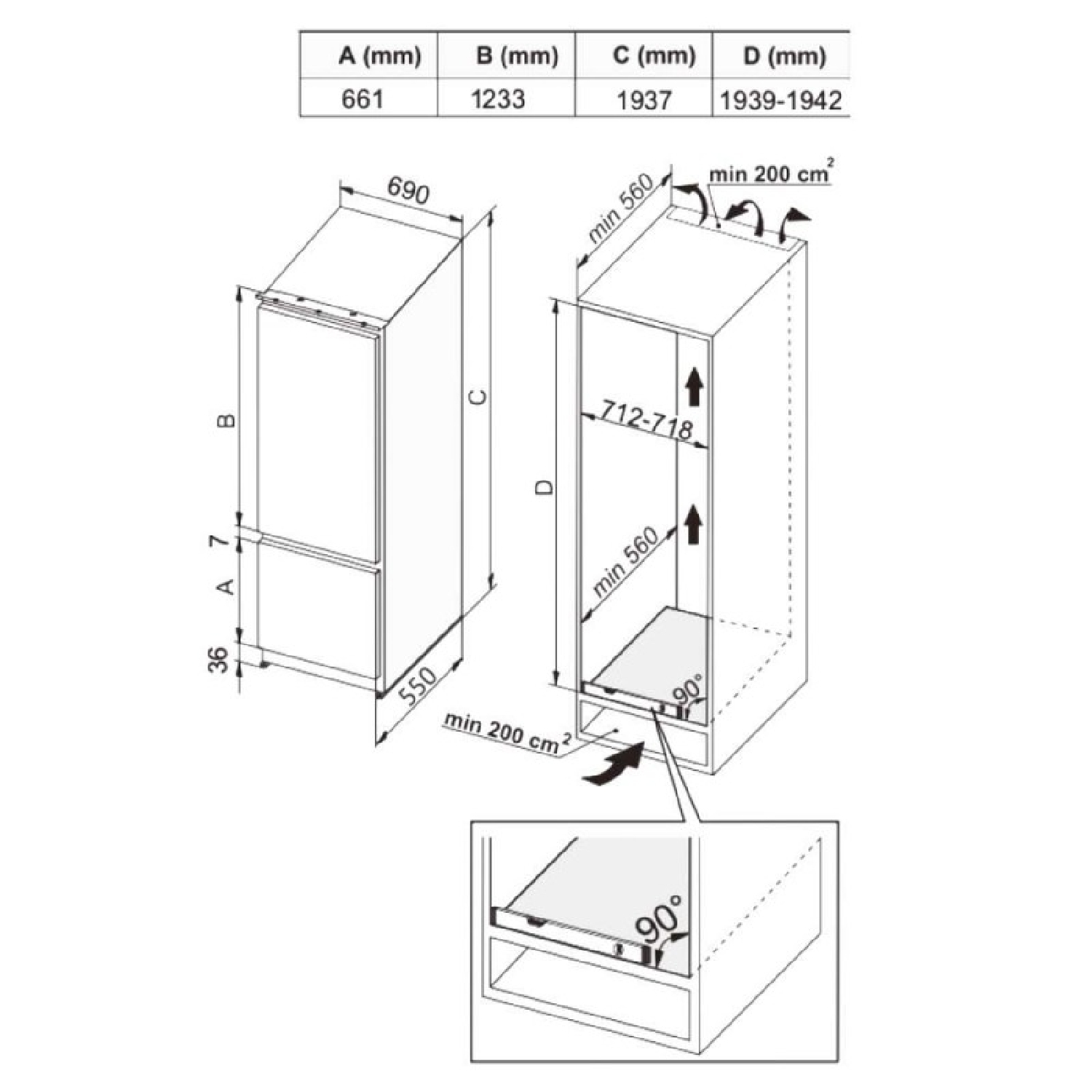 Dibujo técnico que muestra las dimensiones de instalación y medidas de un frigorífico.