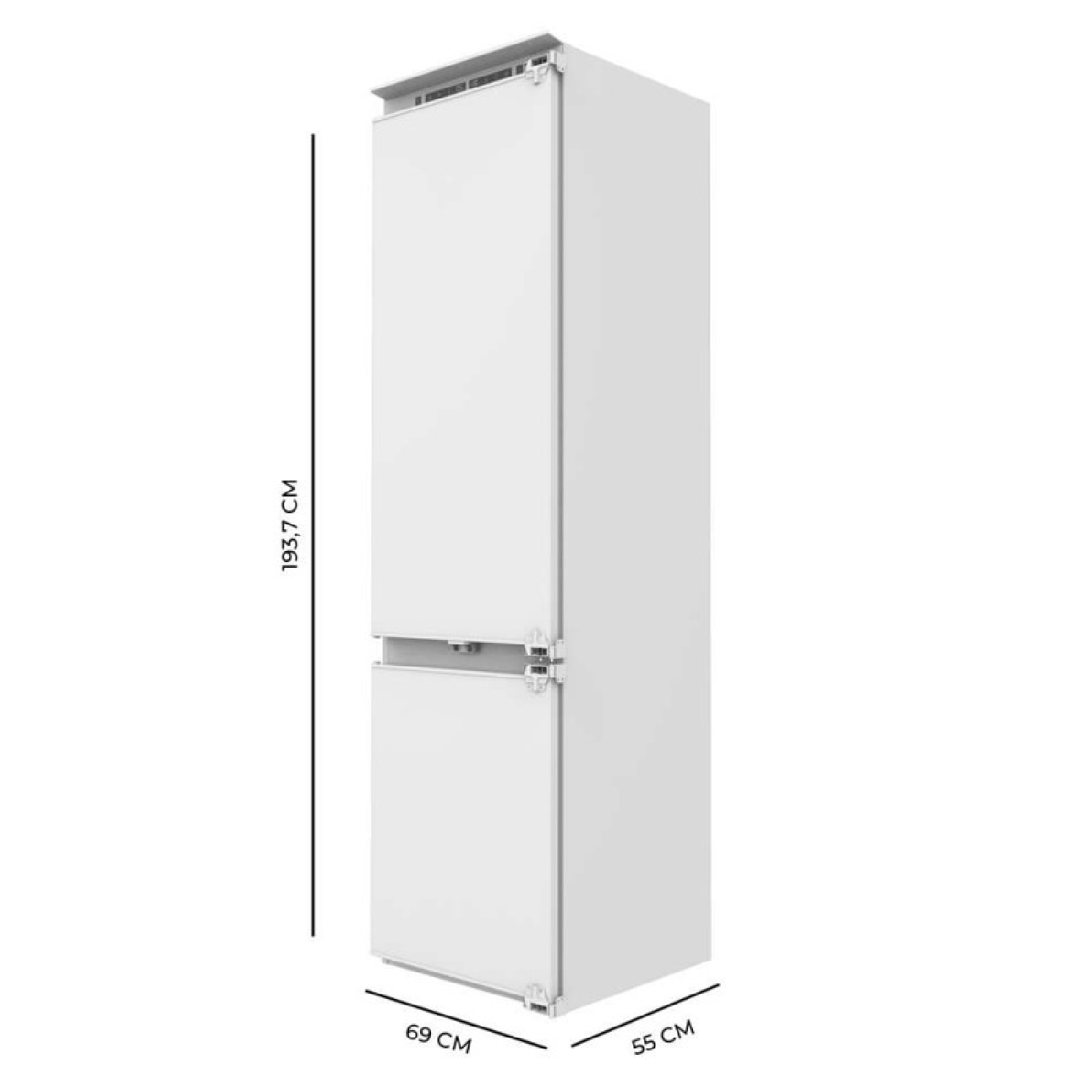 Frigorífico empotrable blanco con dimensiones: 193,7 cm de alto, 69 cm de ancho, 55 cm de fondo.