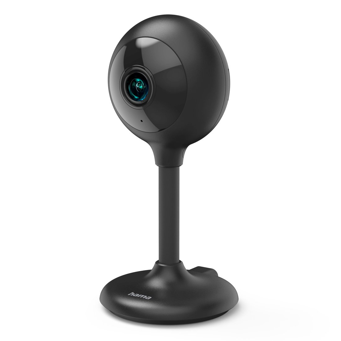 Una telecamera di sicurezza nera su supporto con base rotonda e logo hama, su sfondo bianco.