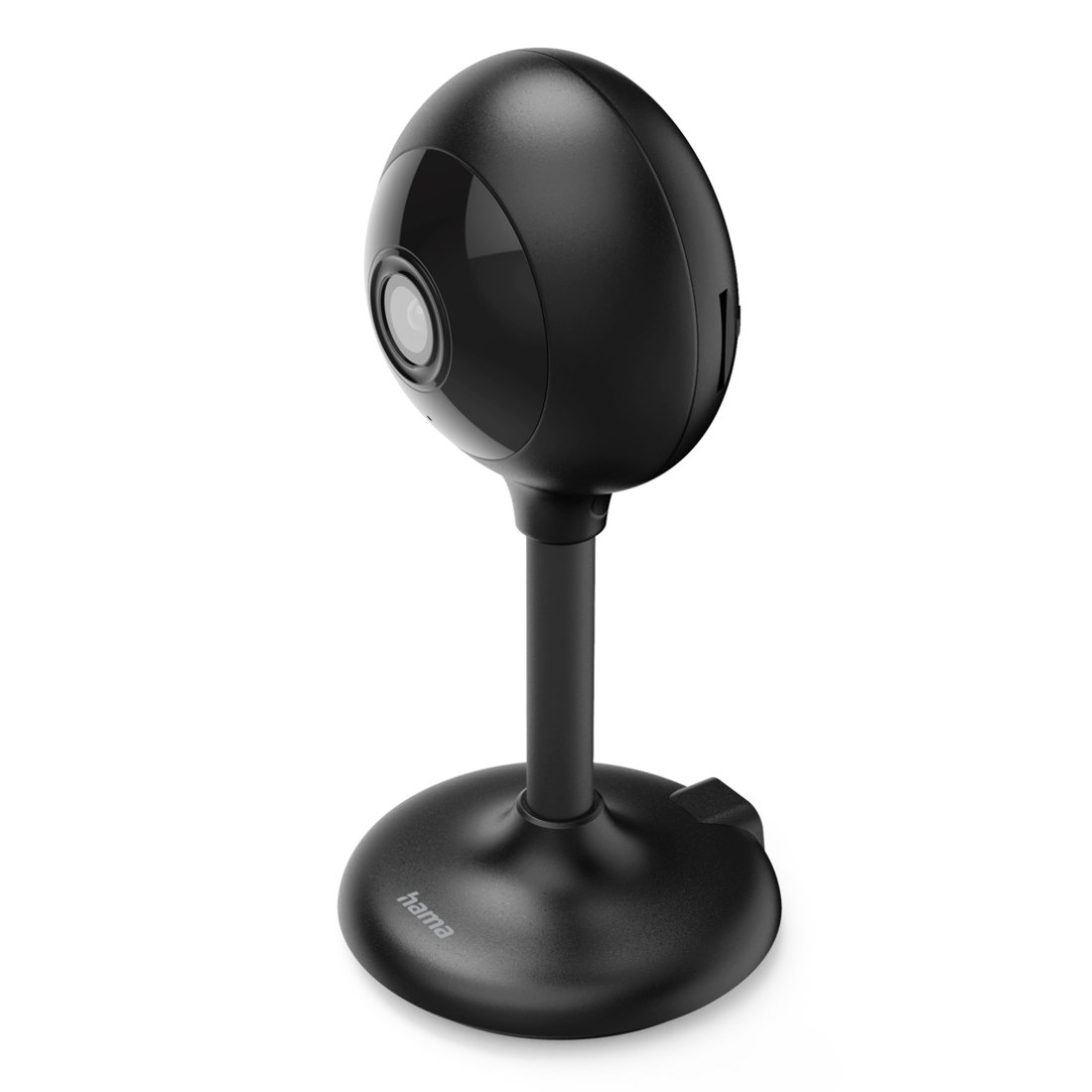 Una telecamera di sicurezza nera su stelo sottile con base rotonda su sfondo bianco.