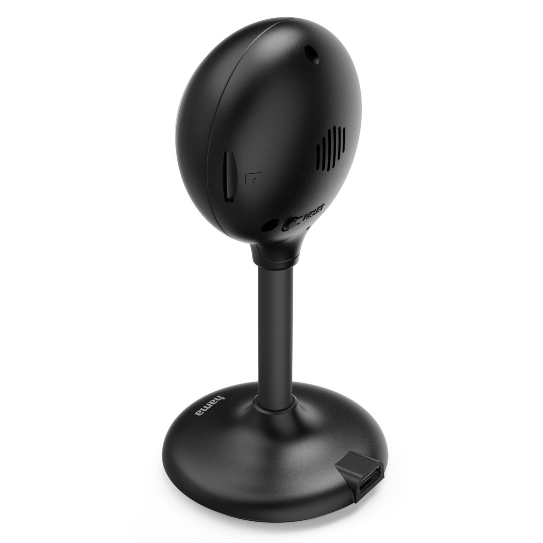 Vista posteriore di una telecamera di sicurezza domestica nera su supporto con base tonda, fondo bianco.