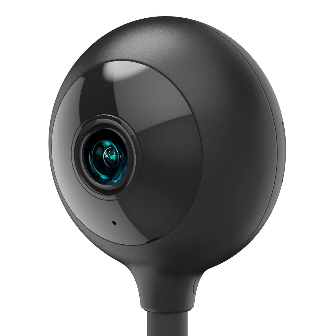 Una telecamera di sicurezza nera con design sferico e lente blu su sfondo bianco.