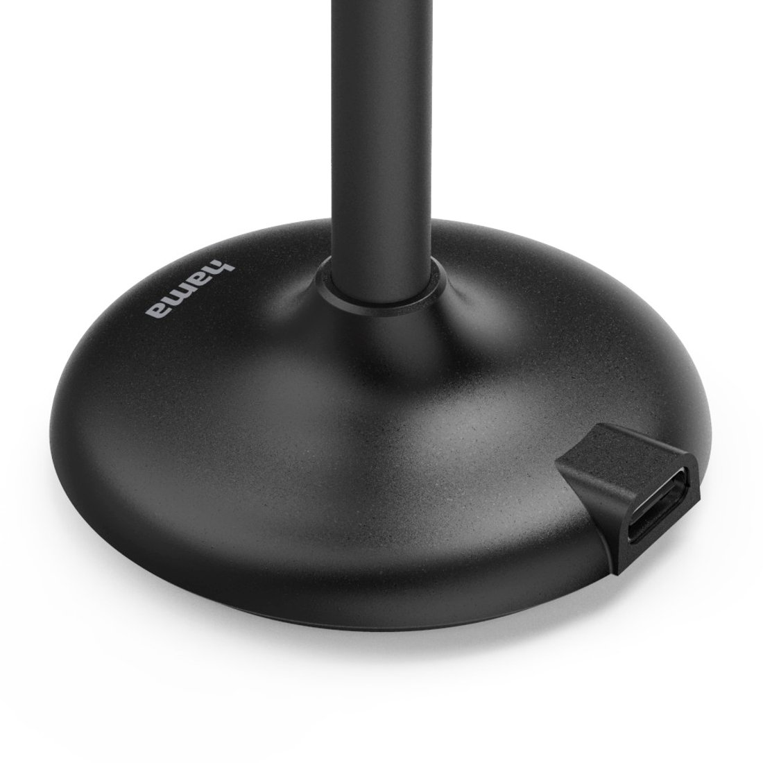 Primo piano di una base per asta microfonica Hama nera con porta USB su sfondo bianco.