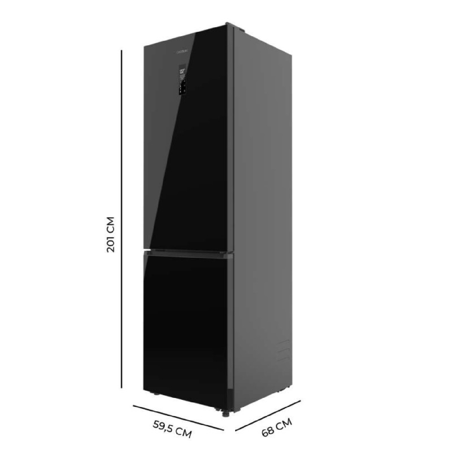 Frigorífico independiente negro con dimensiones: 201 cm de alto, 59,5 cm de ancho, 68 cm de fondo.