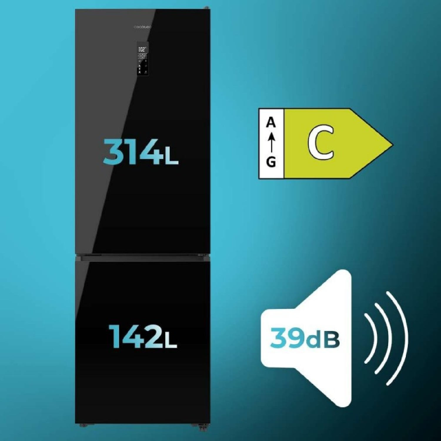 Frigorífico negro con eficiencia energética C, capacidad de 314L y 142L, y nivel de ruido de 39dB sobre fondo azul.