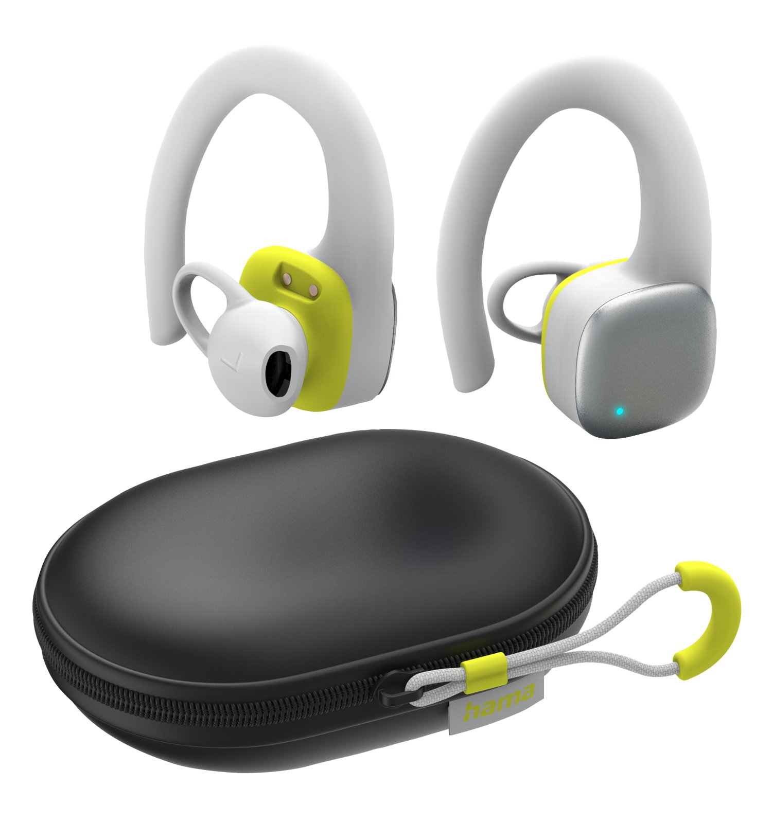 Auriculares deportivos blancos y grises con detalles amarillos y estuche de carga negro.