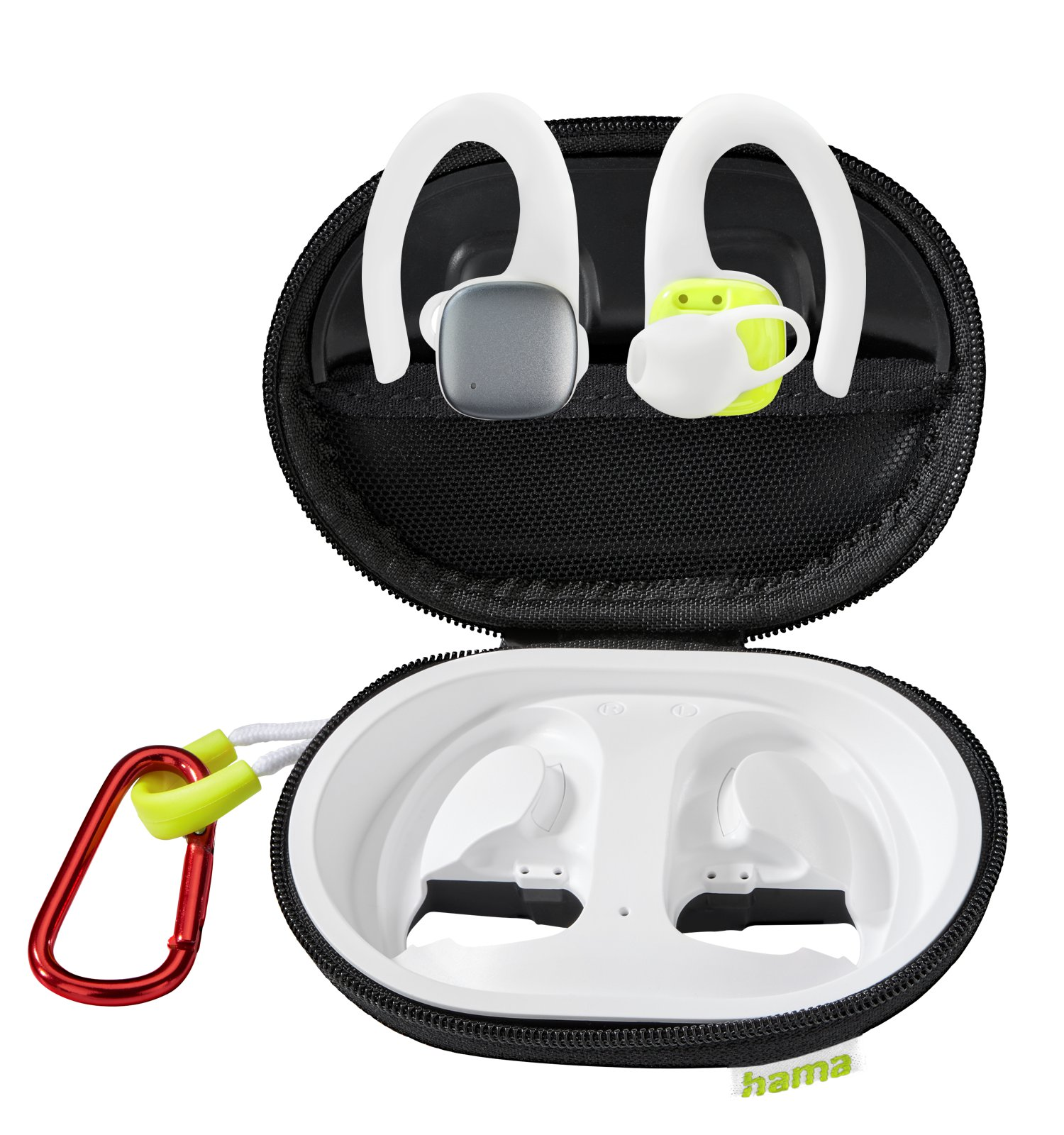 Estuche negro abierto con auriculares deportivos blancos y verdes y un mosquetón rojo.