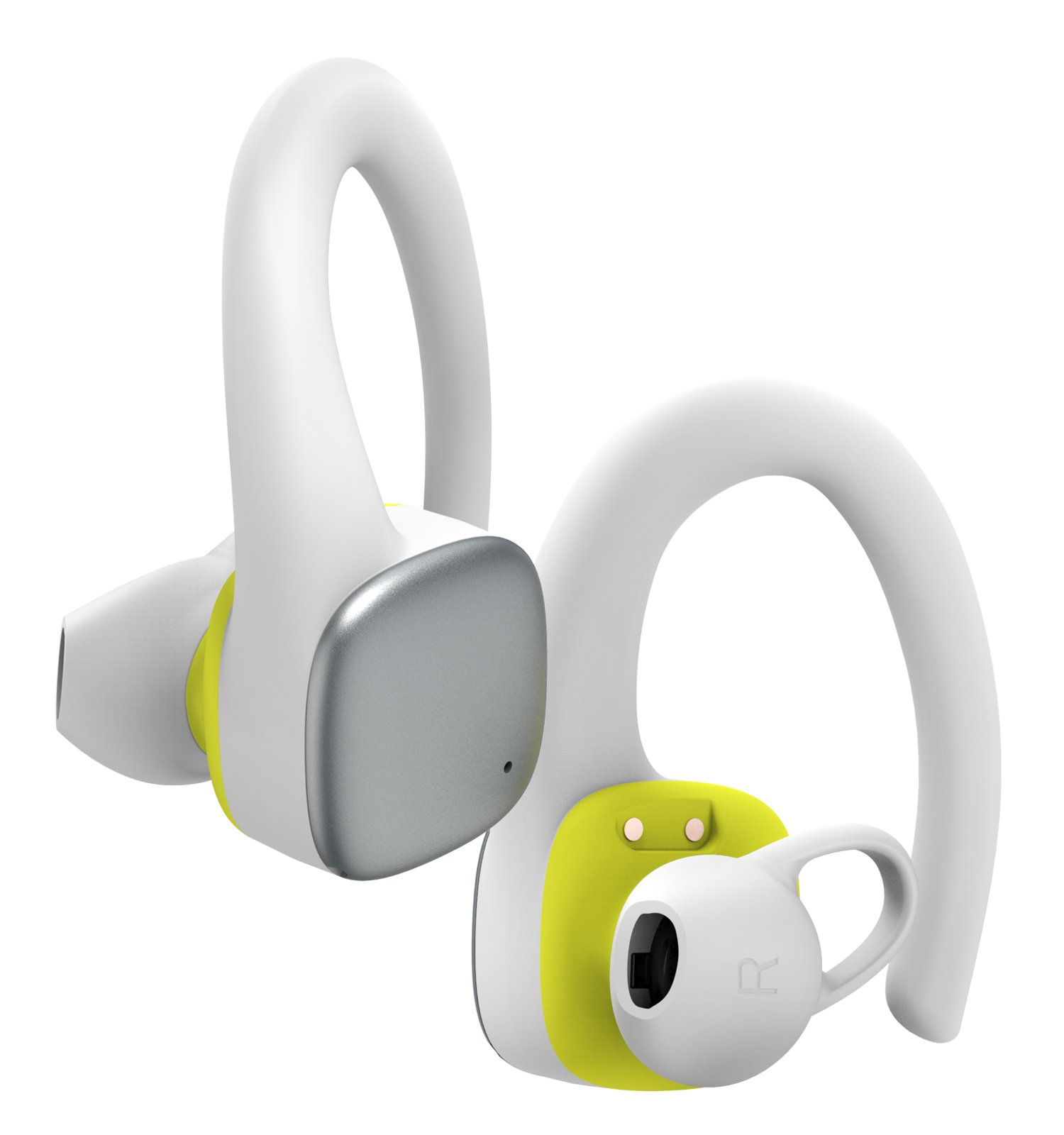 Auriculares deportivos blancos con ganchos, detalles grises y acentos verde neón sobre fondo blanco.