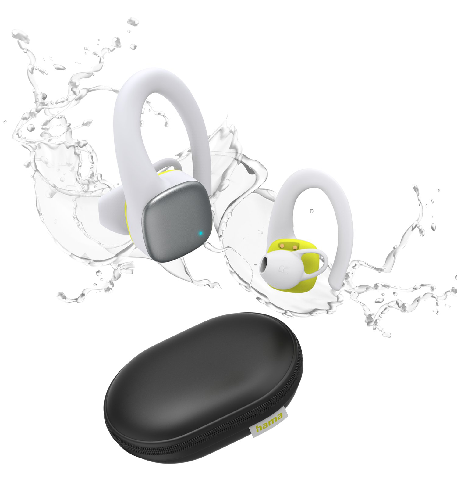 Auriculares deportivos blancos y amarillos con salpicaduras de agua y un estuche de carga negro.
