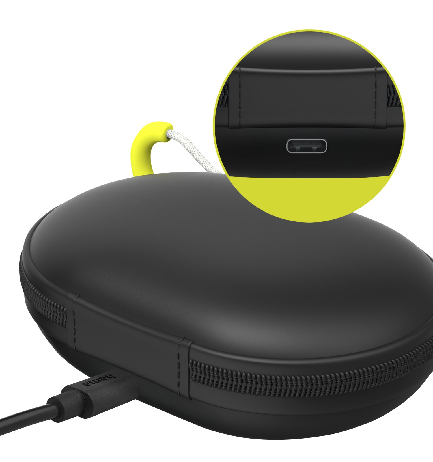 Estuche negro y ovalado con cremallera, asa amarilla y vista detallada del puerto de carga USB-C.