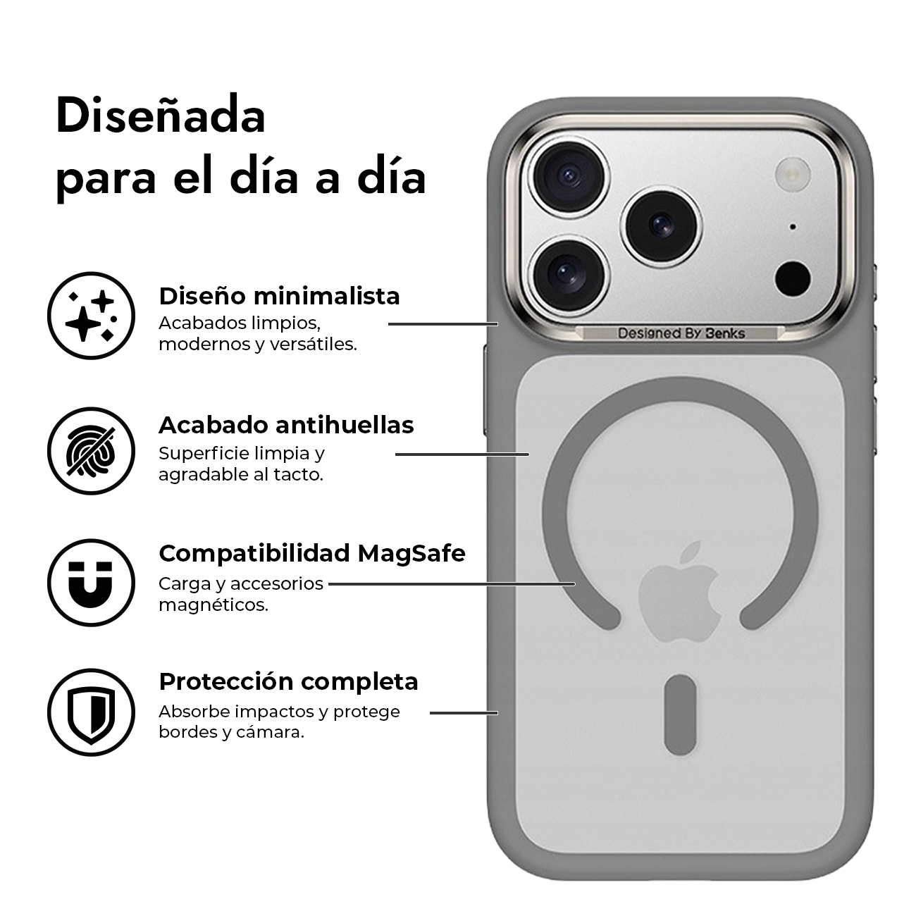 Funda de smartphone gris con compatibilidad MagSafe y cuatro iconos explicativos a la izquierda.
