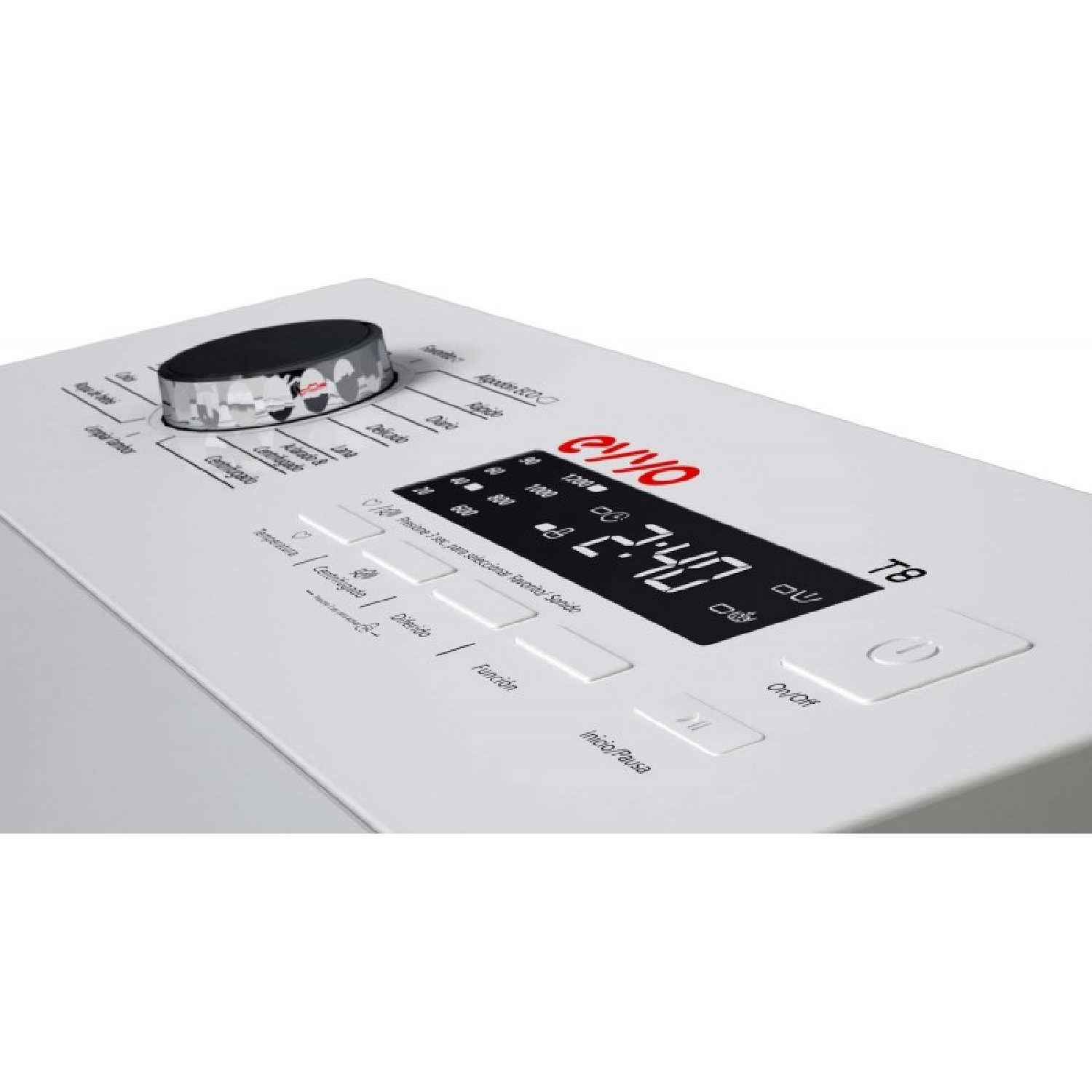 Primer plano del panel de control blanco de una lavadora Eyo, con un selector y pantalla digital.