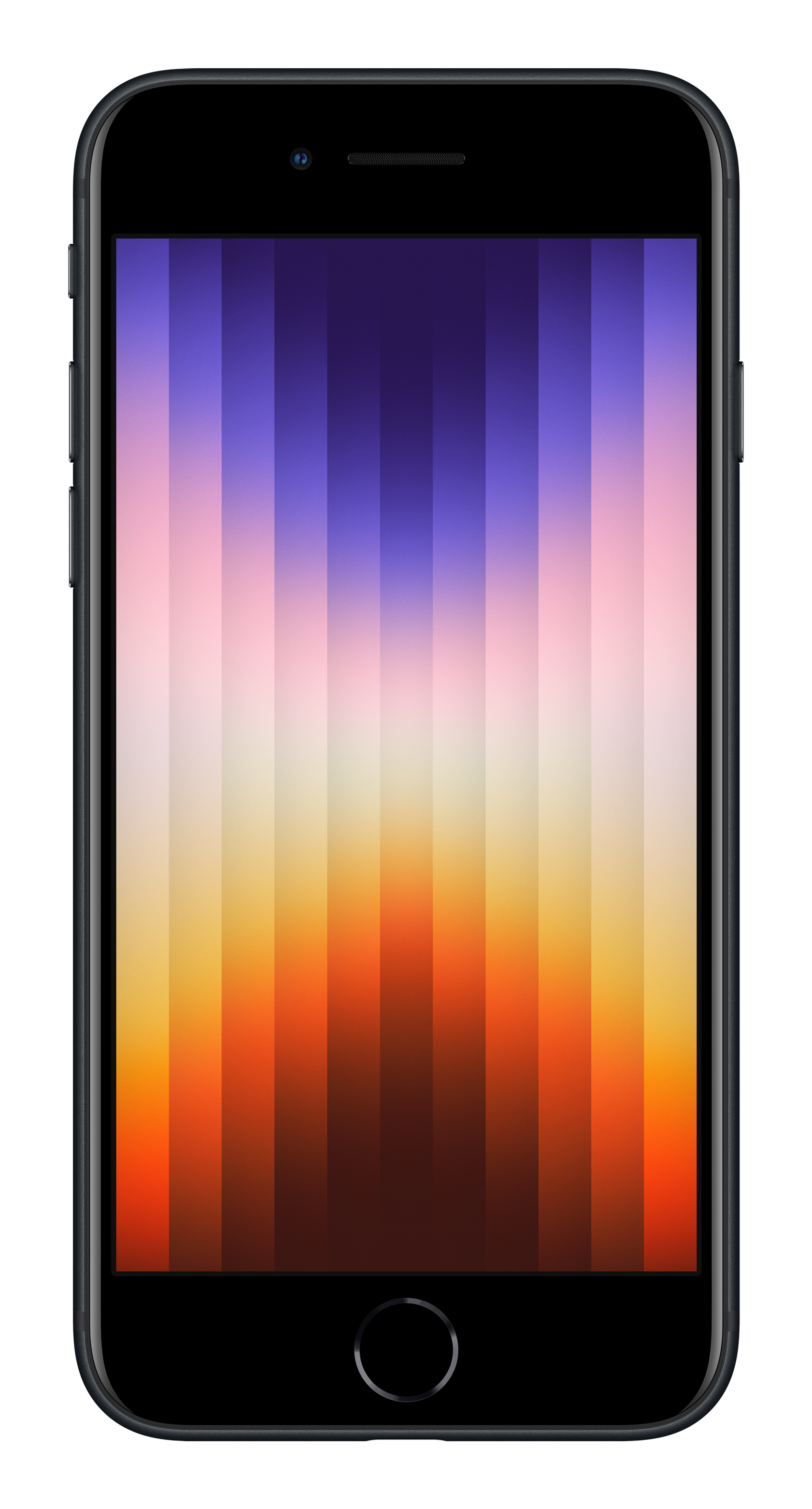 Ein schwarzes Smartphone mit vertikalen Streifen in Lila, Rosa, Weiß und Orange auf dem Bildschirm.