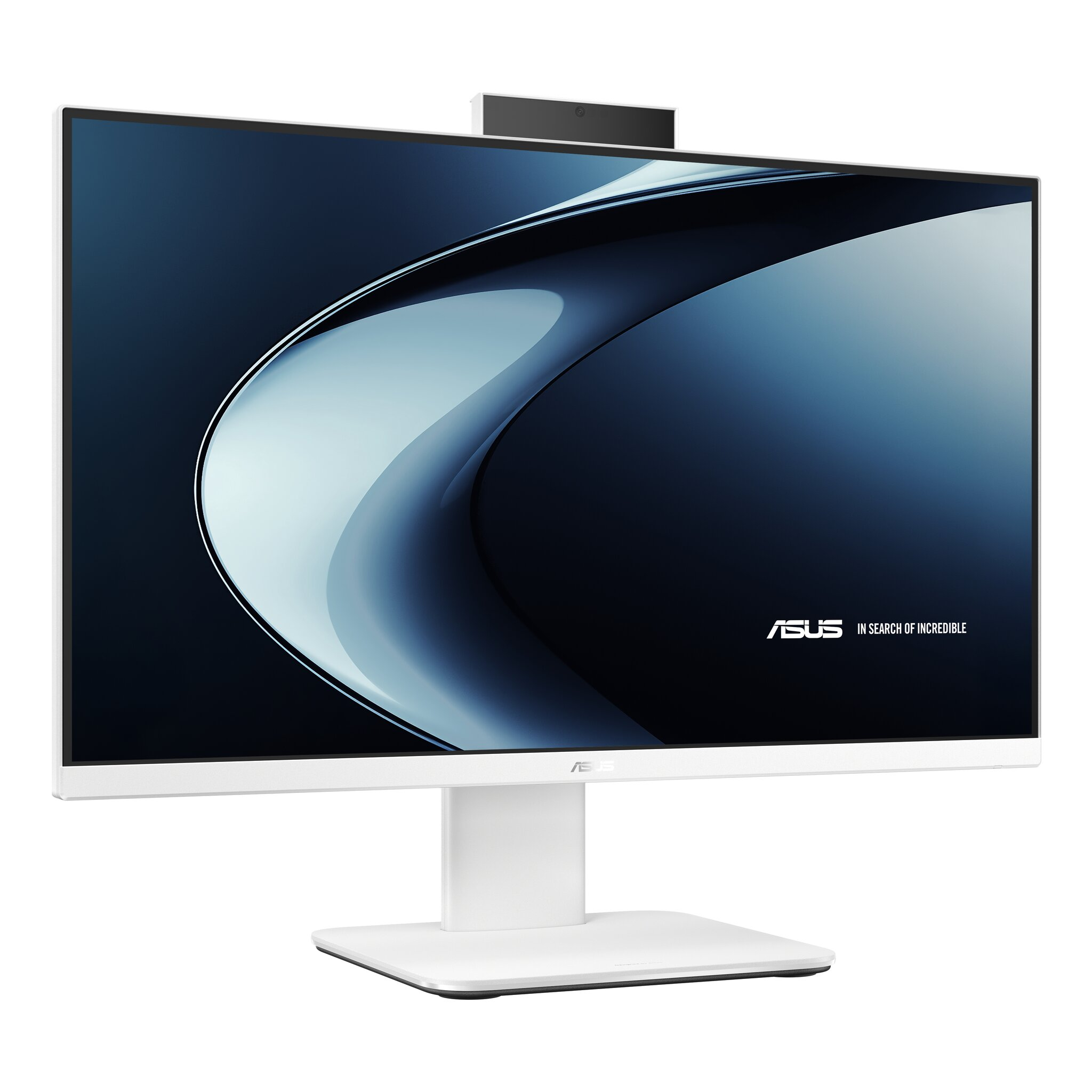 Un monitor ASUS bianco con un elegante supporto bianco e una webcam montata sopra.