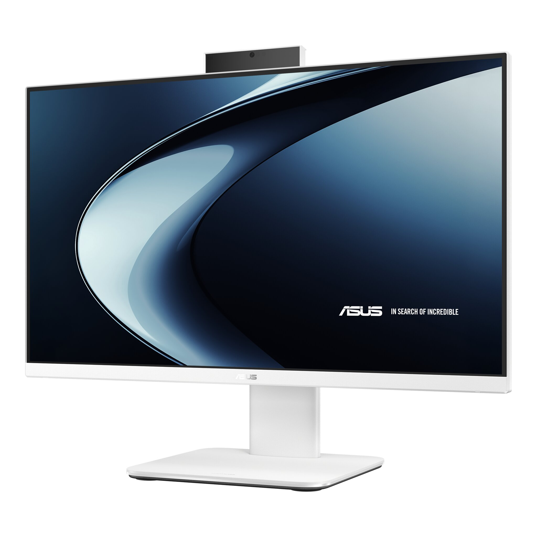 Un desktop all-in-one Asus bianco con webcam mostra uno sfondo astratto blu scuro.