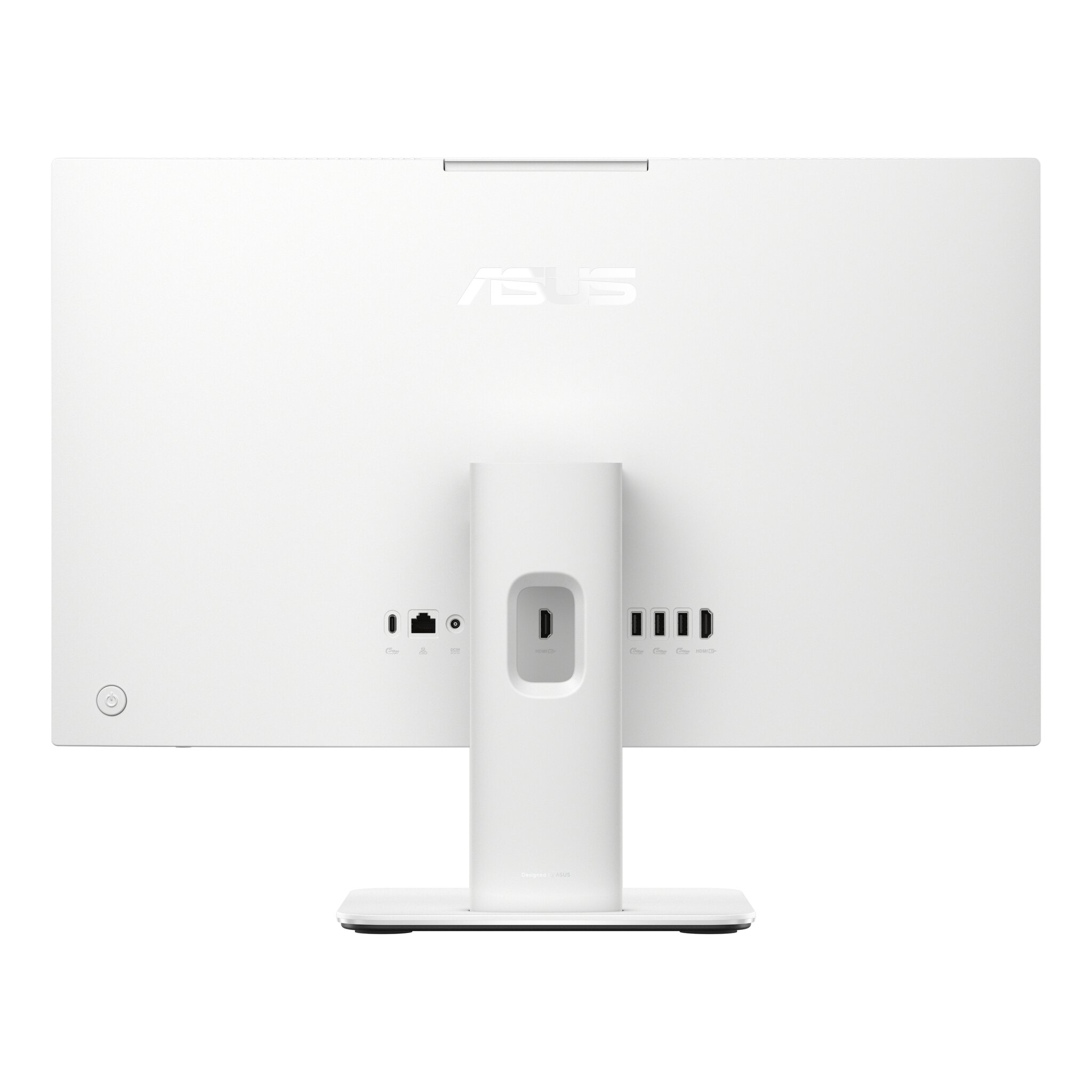 Vista posteriore di un monitor ASUS bianco con porte e supporto su sfondo bianco.
