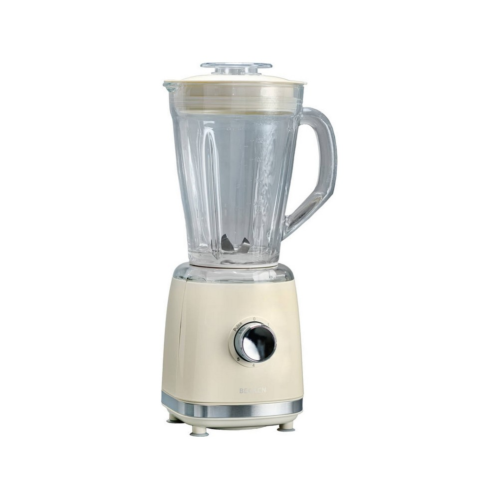 Beżowy blender elektryczny z przezroczystym szklanym dzbankiem i srebrnym pokrętłem.
