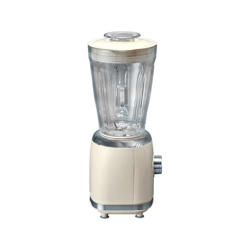 Kremowy blender retro ze szklanym dzbankiem i chromowanymi akcentami na białym tle.