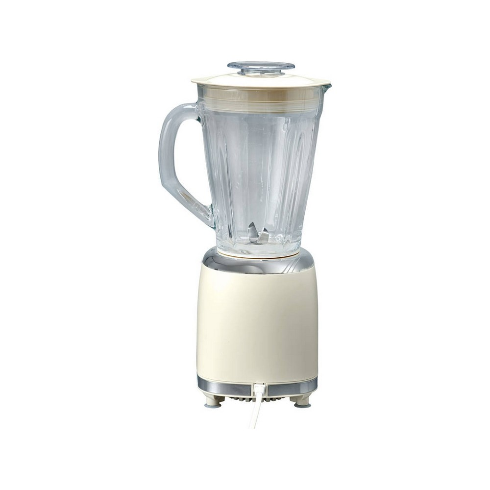 Kremowy blender kielichowy ze szklanym dzbankiem i białą podstawą na białym tle.