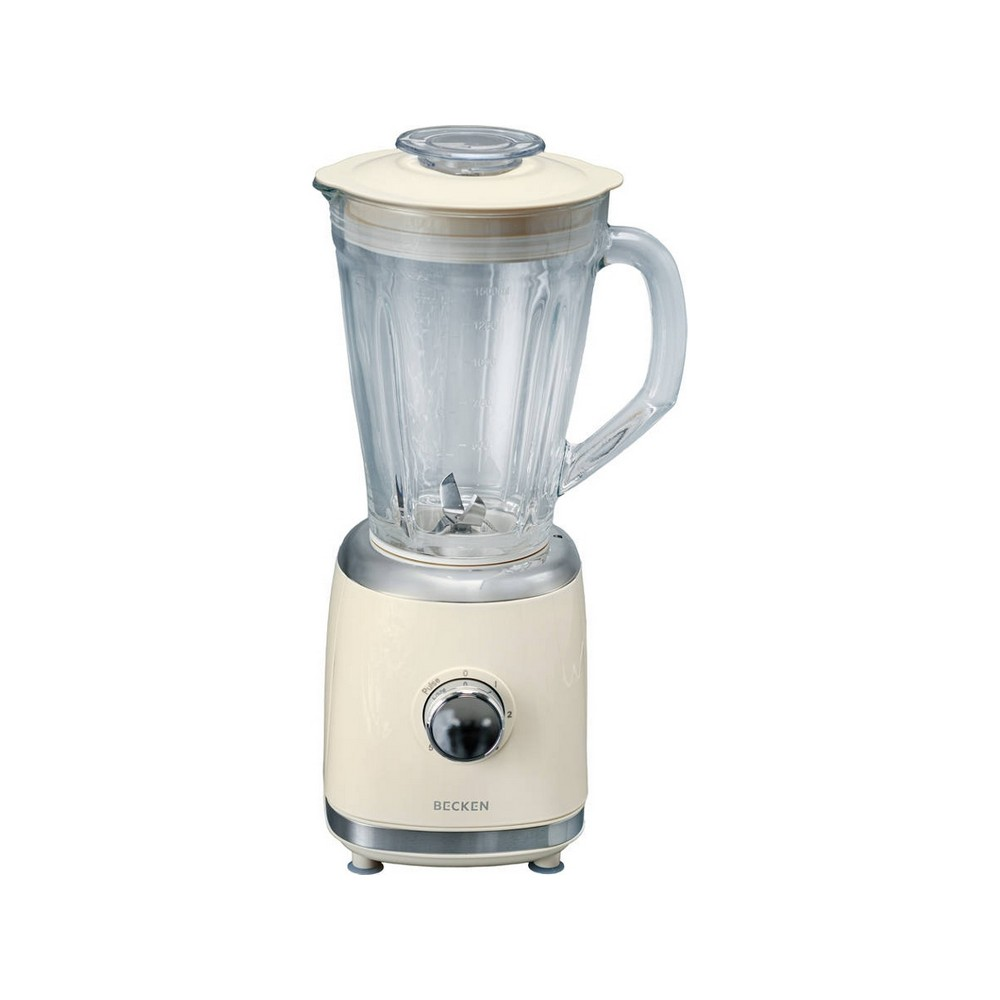 Beżowy blender stojący ze szklanym dzbankiem i pokrętłem regulacji.