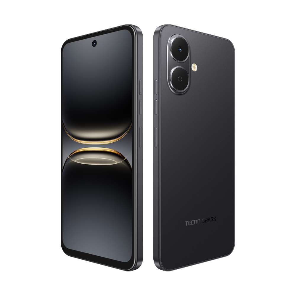 Ön ekranı ve arka kamerayı gösteren siyah bir Tecno Spark akıllı telefonun iki görünümü.