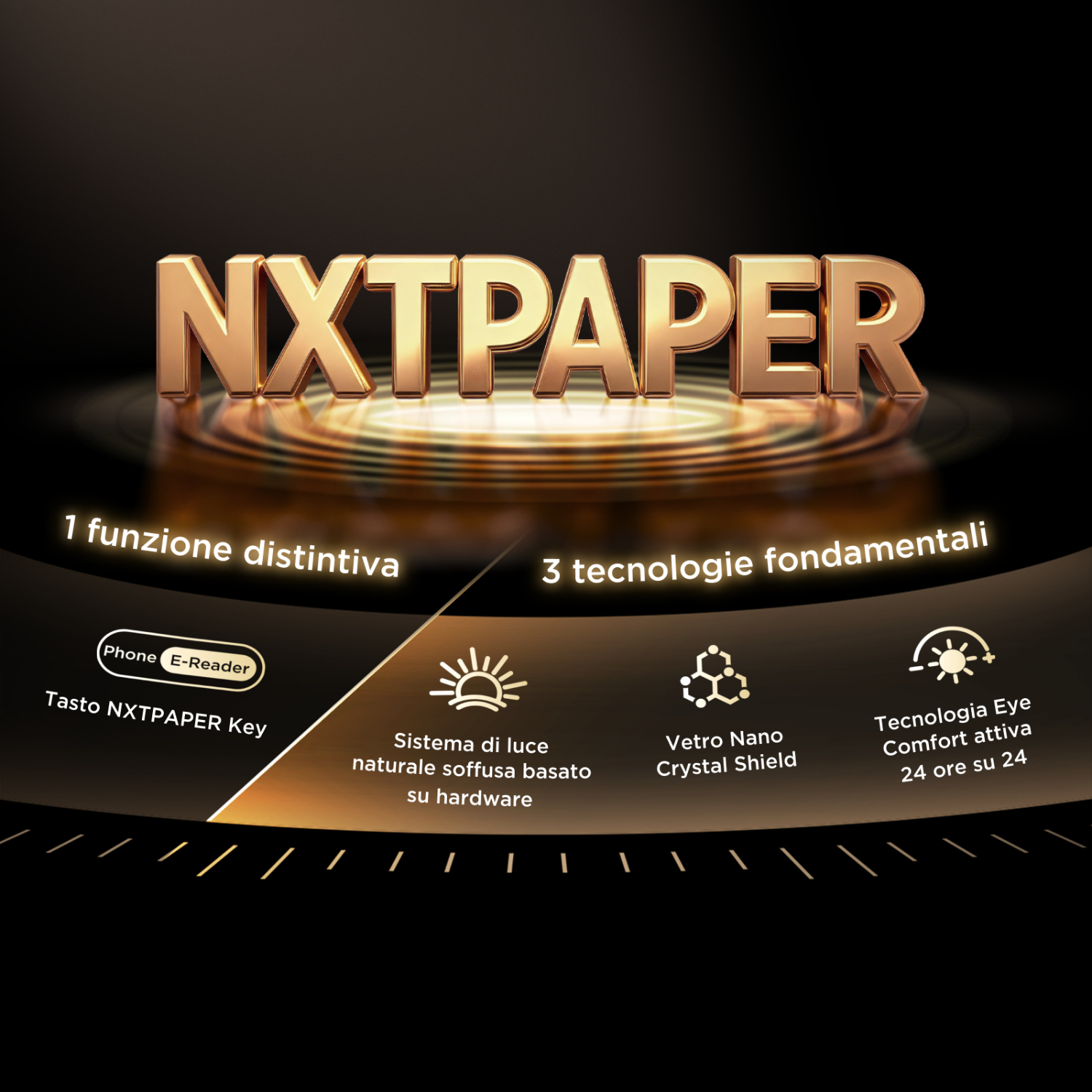 Logo dorato NXTPAPER con icone delle funzioni e testo su sfondo nero.