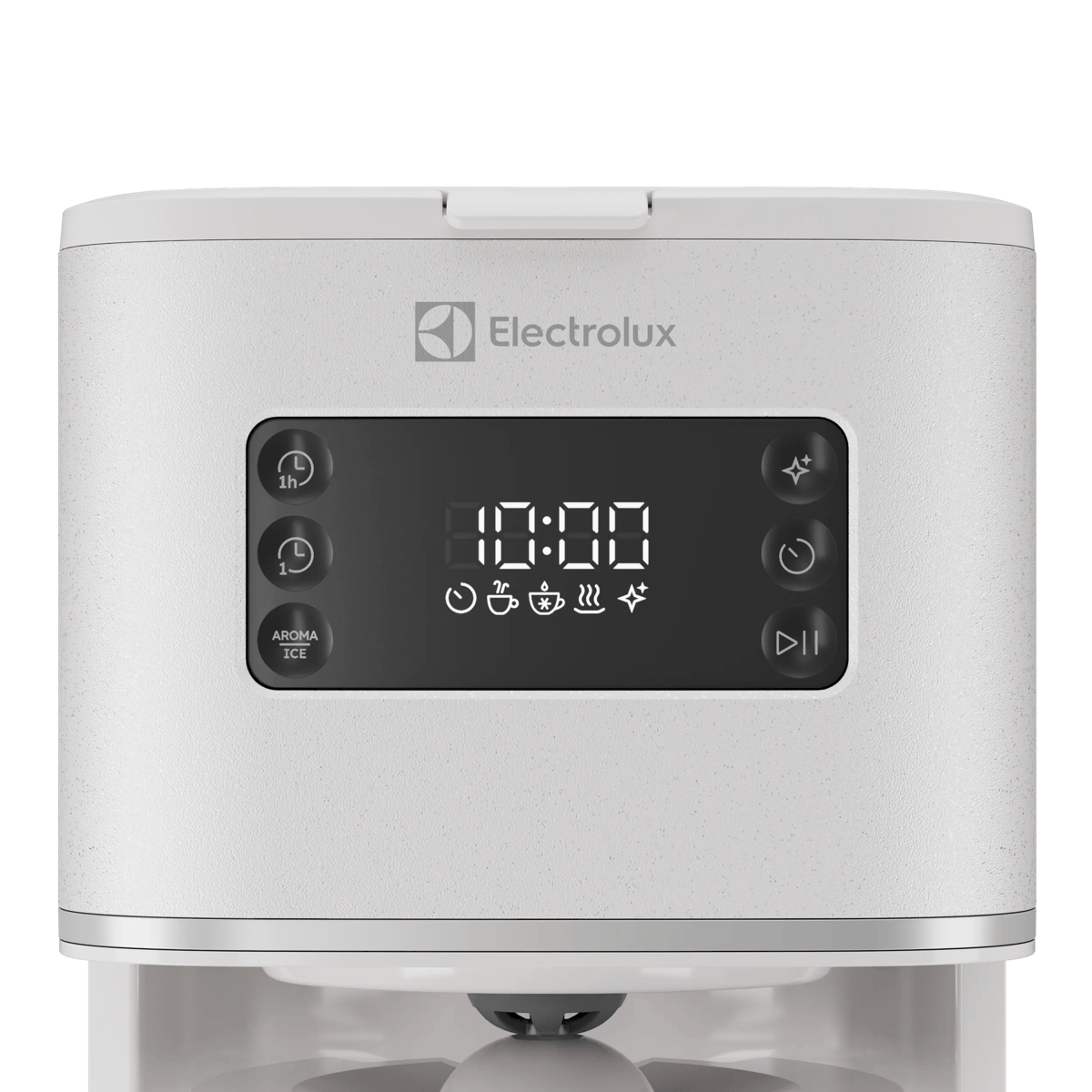 Primer plano del panel de control de una cafetera blanca Electrolux con pantalla digital y botones táctiles.