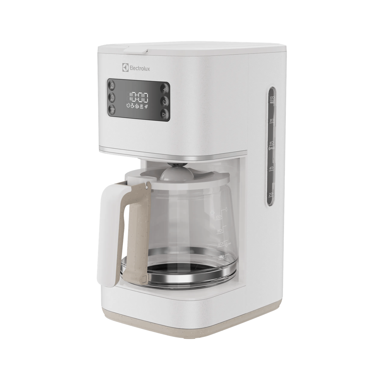 Una cafetera de filtro blanca Electrolux con pantalla digital y jarra de vidrio sobre una base beige.